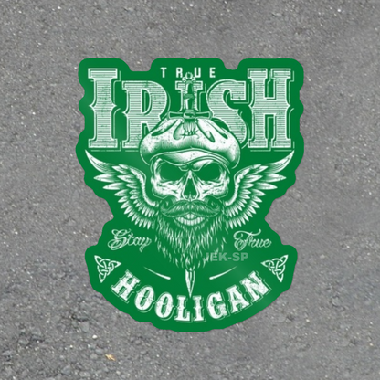 True Irish Hooligan Celtic bearded skull and winged Ireland pride glossy vinyl laptop sticker