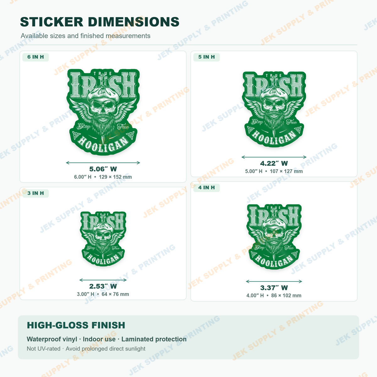 True Irish Hooligan Celtic bearded skull and winged Ireland pride sticker size comparison showing 3, 4, 5 and 6 inch heights