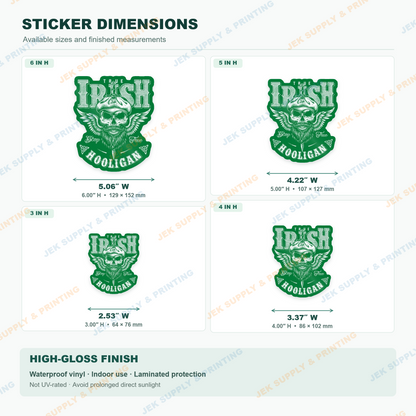 True Irish Hooligan Celtic bearded skull and winged Ireland pride sticker size comparison showing 3, 4, 5 and 6 inch heights