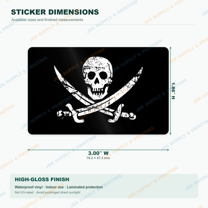 Jolly Roger Pirate Flag vinyl decal, 3 inch width dimension guide