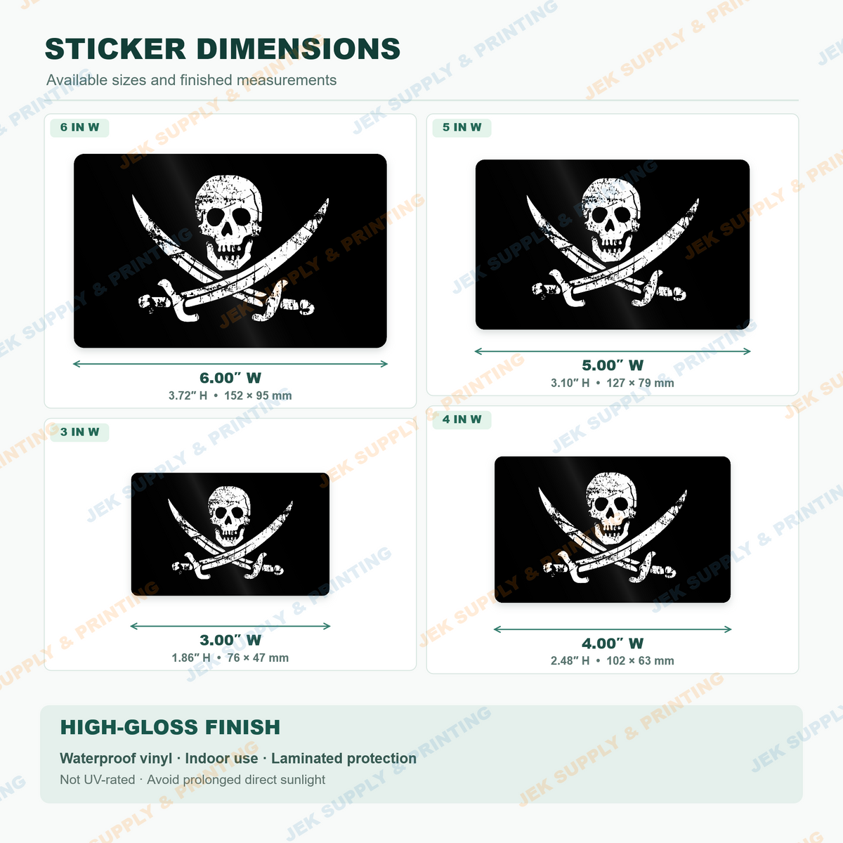 Jolly Roger Pirate Flag sticker size comparison, 3, 4, 5, 6 inch width options