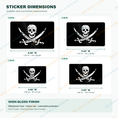 Jolly Roger Pirate Flag sticker size comparison, 3, 4, 5, 6 inch width options