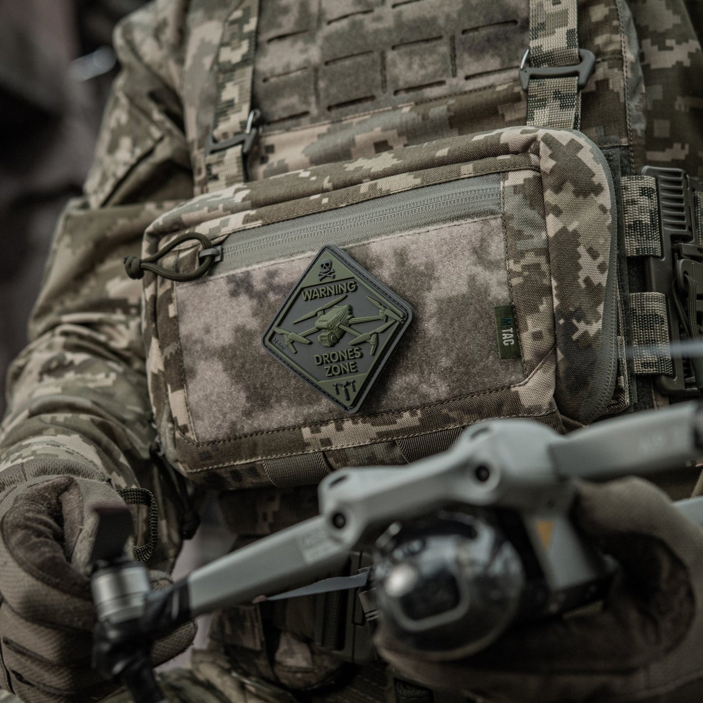 Warning Drones Zone PVC Morale Patch – M-Tac Tactical Hook & Loop Drone Operator Patch for Backpack, Plate Carrier & Range Bag