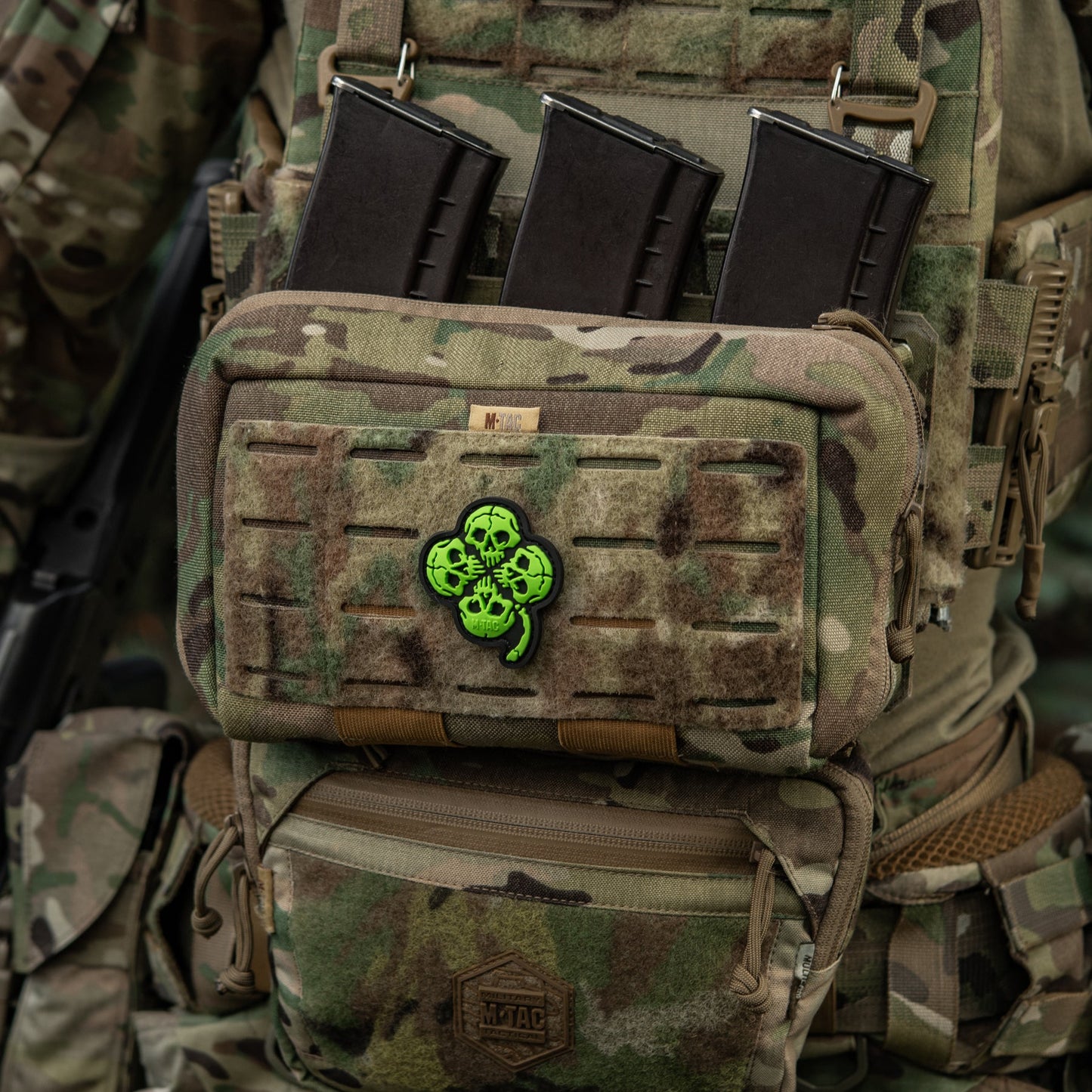 Lucky Skull Shamrock PVC Morale Patch – M-Tac Tactical Hook & Loop Clover Patch for Backpack, Plate Carrier & EDC Gear