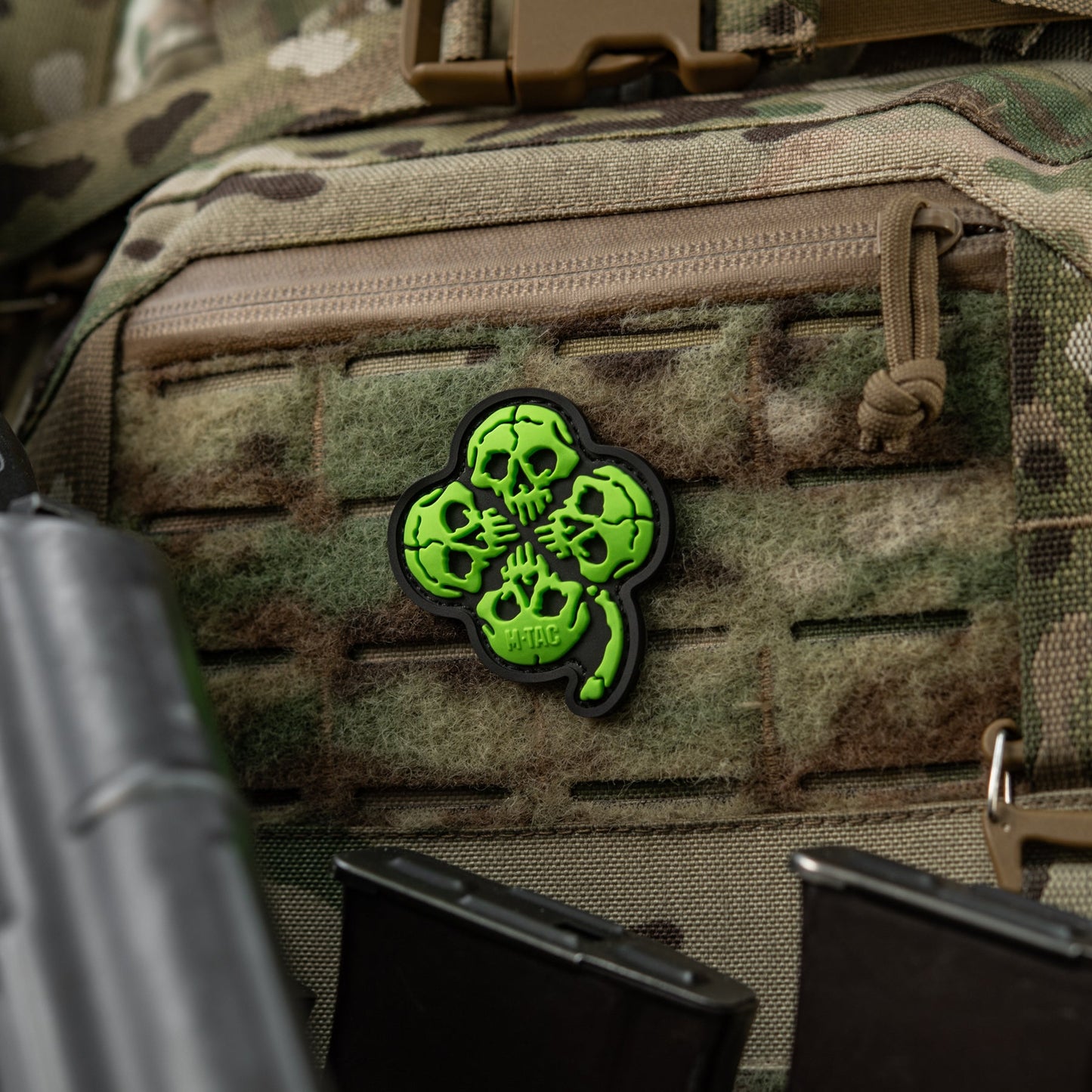 Lucky Skull Shamrock PVC Morale Patch – M-Tac Tactical Hook & Loop Clover Patch for Backpack, Plate Carrier & EDC Gear