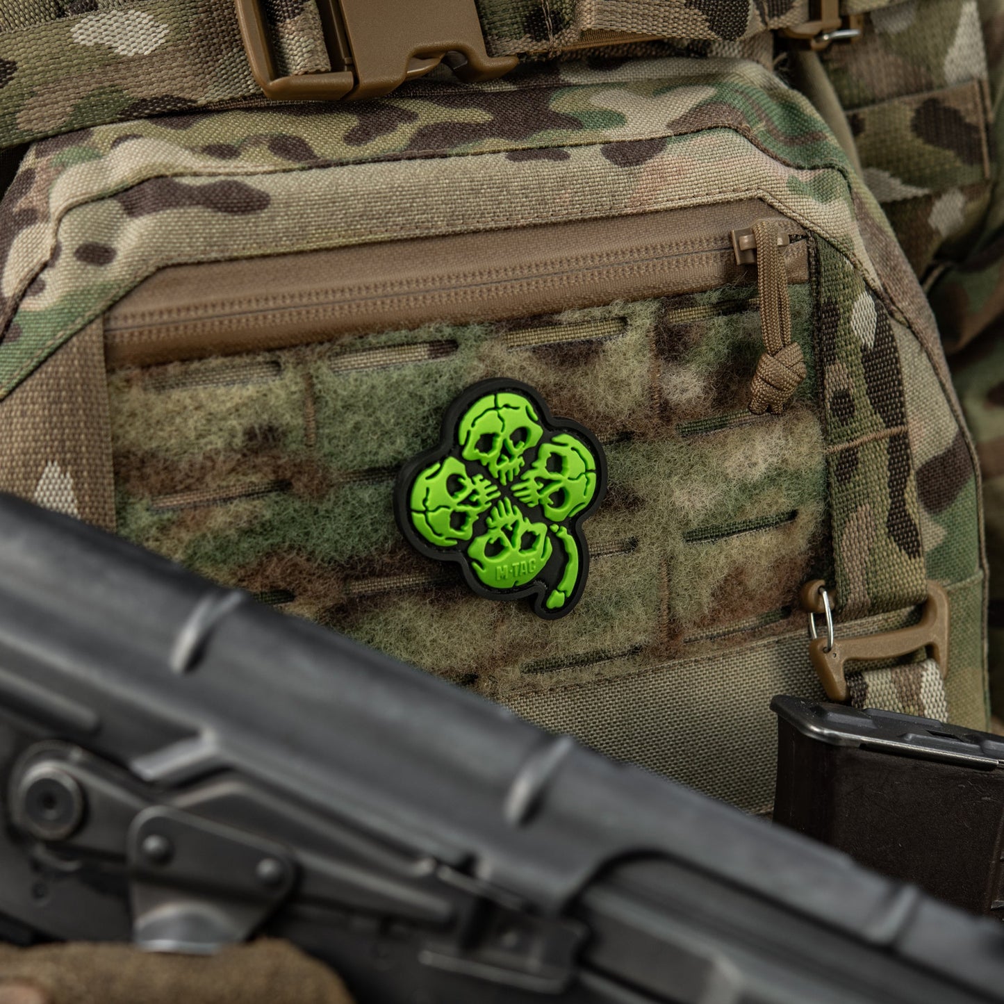Lucky Skull Shamrock PVC Morale Patch – M-Tac Tactical Hook & Loop Clover Patch for Backpack, Plate Carrier & EDC Gear