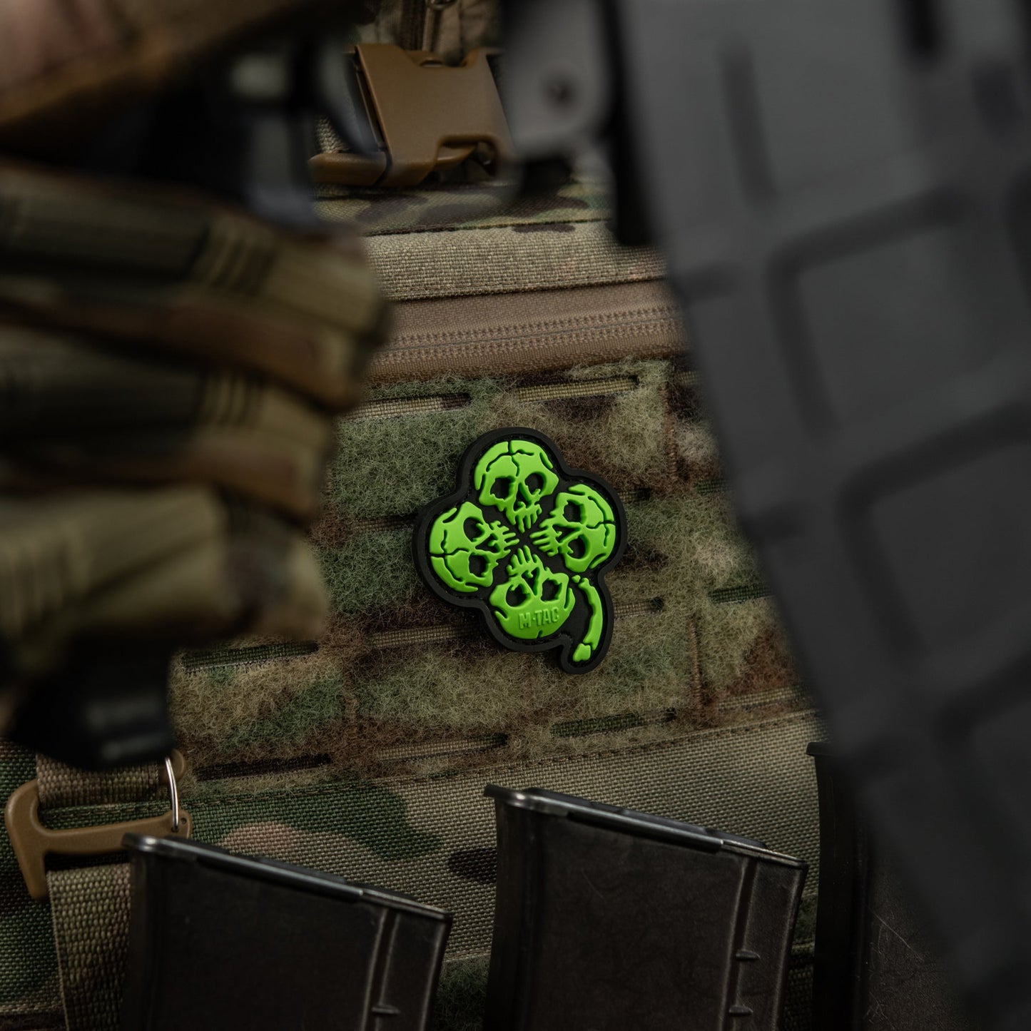 Lucky Skull Shamrock PVC Morale Patch – M-Tac Tactical Hook & Loop Clover Patch for Backpack, Plate Carrier & EDC Gear