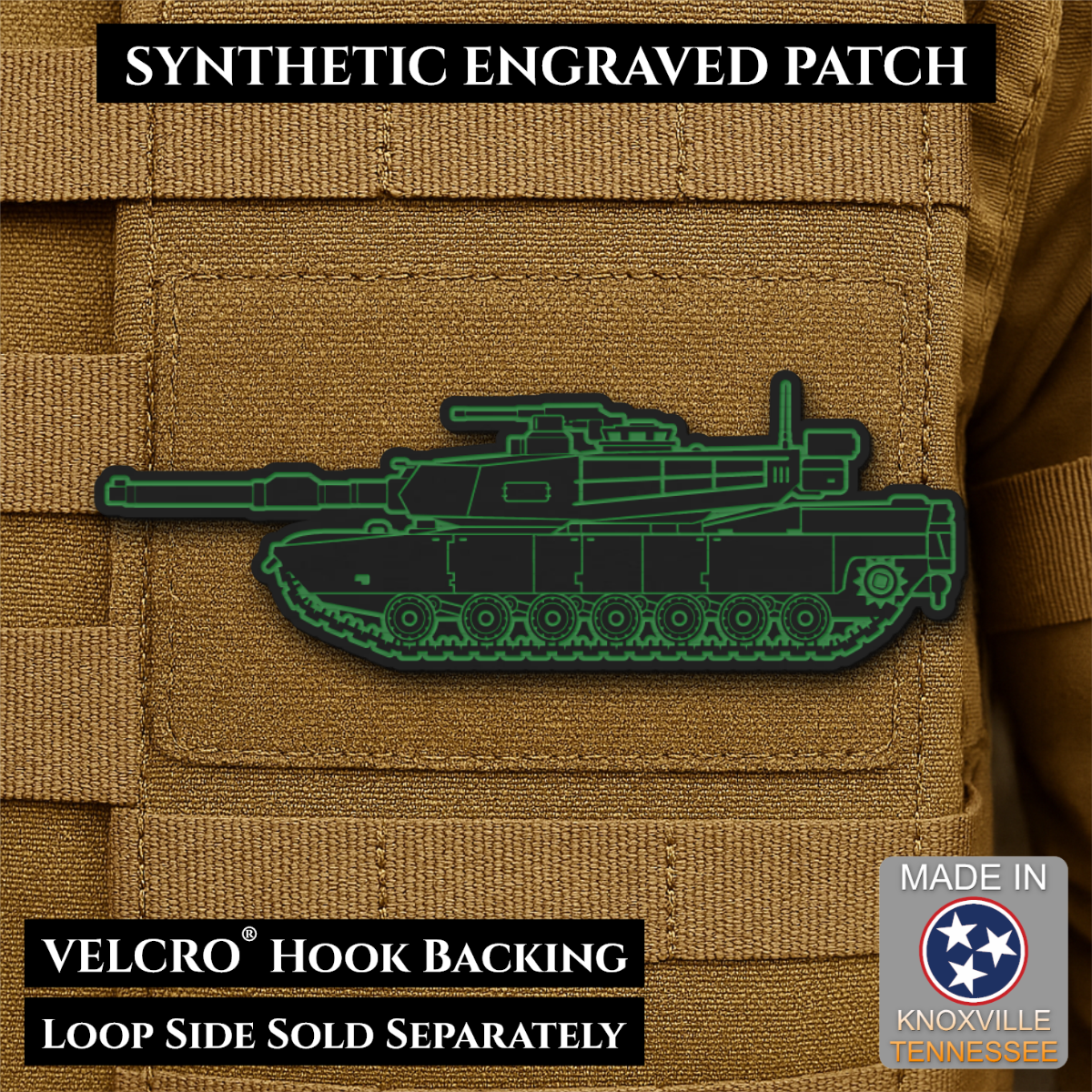 M1 Abrams Main Battle Tank Engraved Tactical Morale Patch, 1.4x4” | Made in USA | VELCRO® Brand Hook Backing