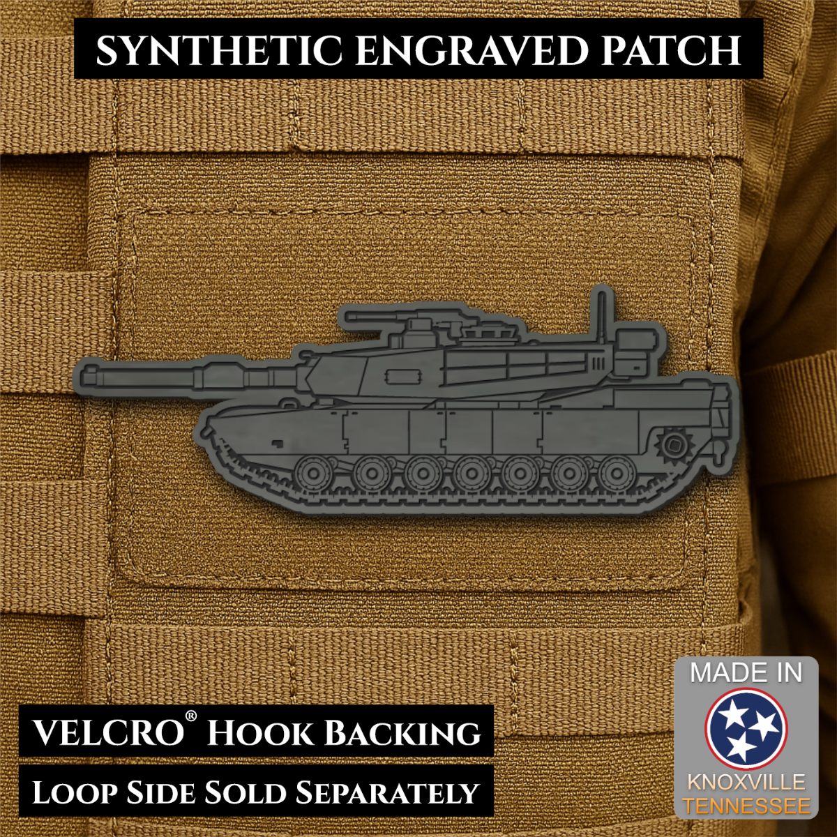 M1 Abrams Main Battle Tank Engraved Tactical Morale Patch, 1.4x4” | Made in USA | VELCRO® Brand Hook Backing