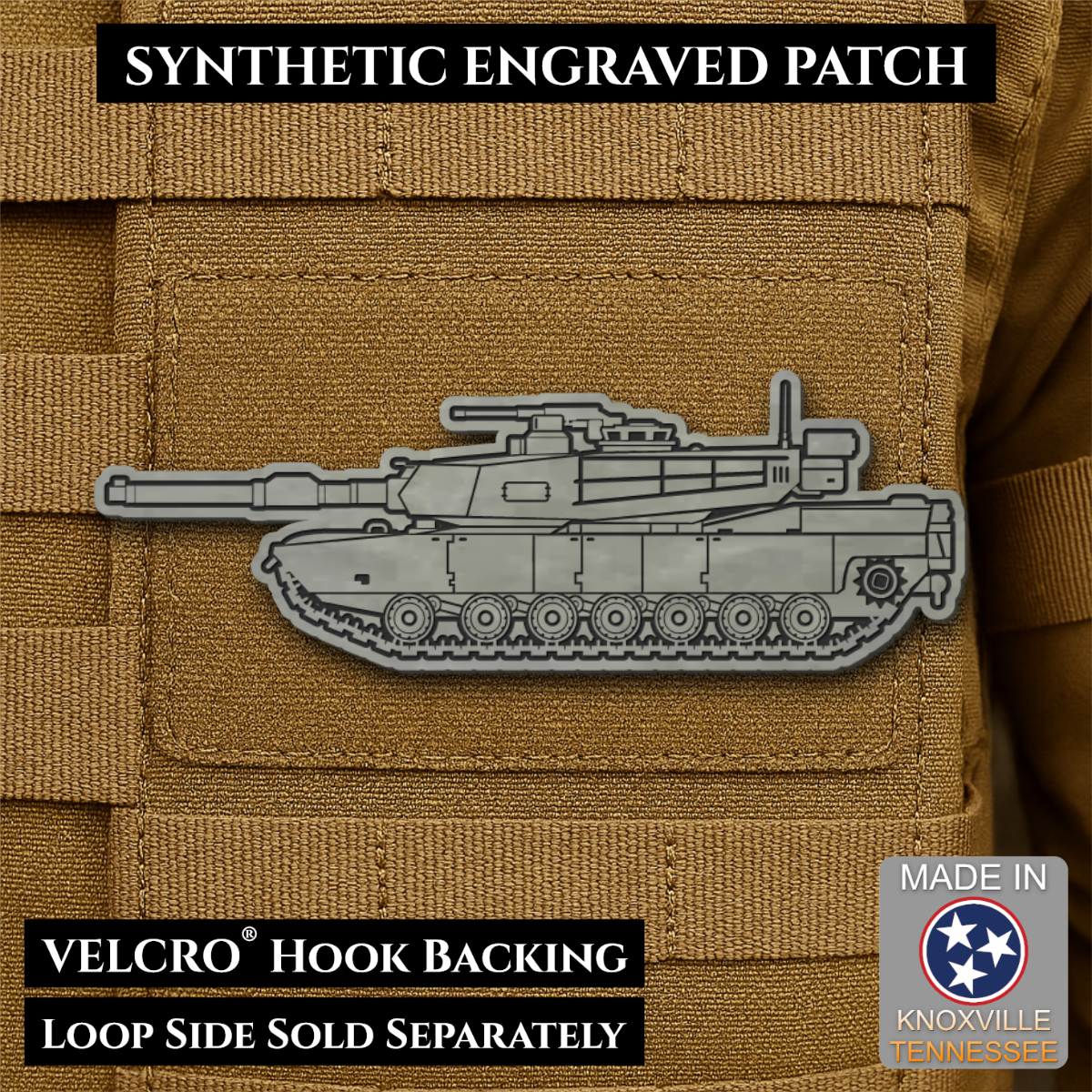 M1 Abrams Main Battle Tank Engraved Tactical Morale Patch, 1.4x4” | Made in USA | VELCRO® Brand Hook Backing