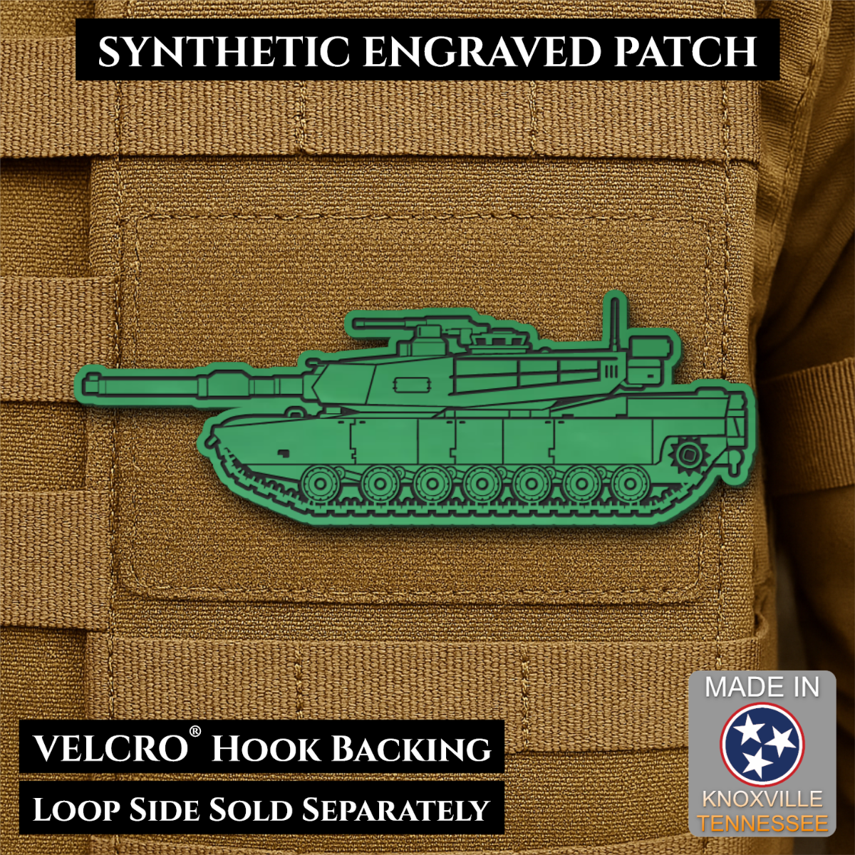 M1 Abrams Main Battle Tank Engraved Tactical Morale Patch, 1.4x4” | Made in USA | VELCRO® Brand Hook Backing