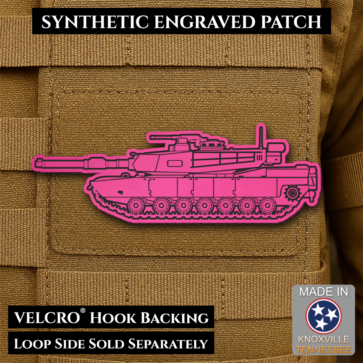 M1 Abrams Main Battle Tank Engraved Tactical Morale Patch, 1.4x4” | Made in USA | VELCRO® Brand Hook Backing