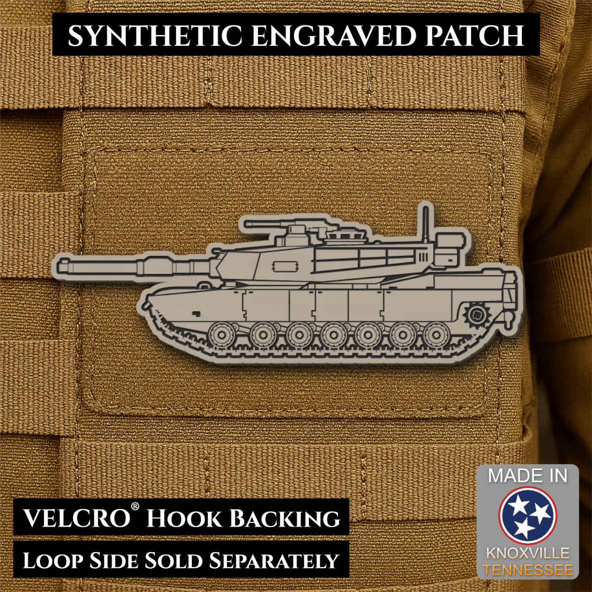 M1 Abrams Main Battle Tank Engraved Tactical Morale Patch, 1.4x4” | Made in USA | VELCRO® Brand Hook Backing