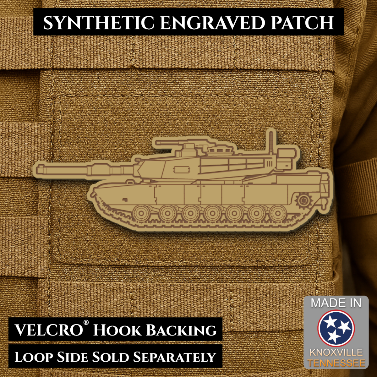 M1 Abrams Main Battle Tank Engraved Tactical Morale Patch, 1.4x4” | Made in USA | VELCRO® Brand Hook Backing