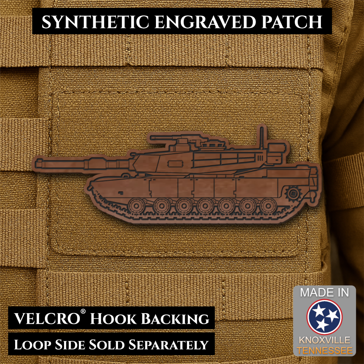 M1 Abrams Main Battle Tank Engraved Tactical Morale Patch, 1.4x4” | Made in USA | VELCRO® Brand Hook Backing
