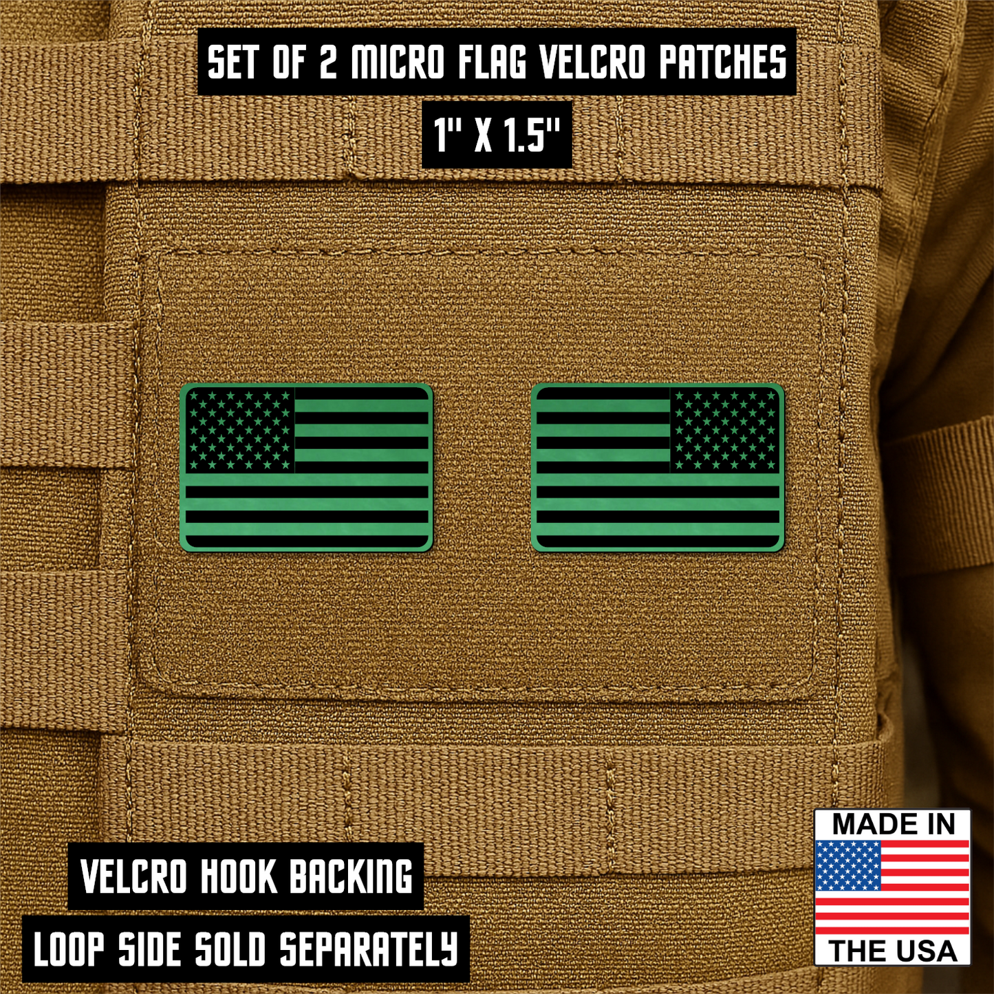 Mini American Flag Tactical Engraved Patch 1"x1.5" Hook & Loop | Set of 2 | Made in USA