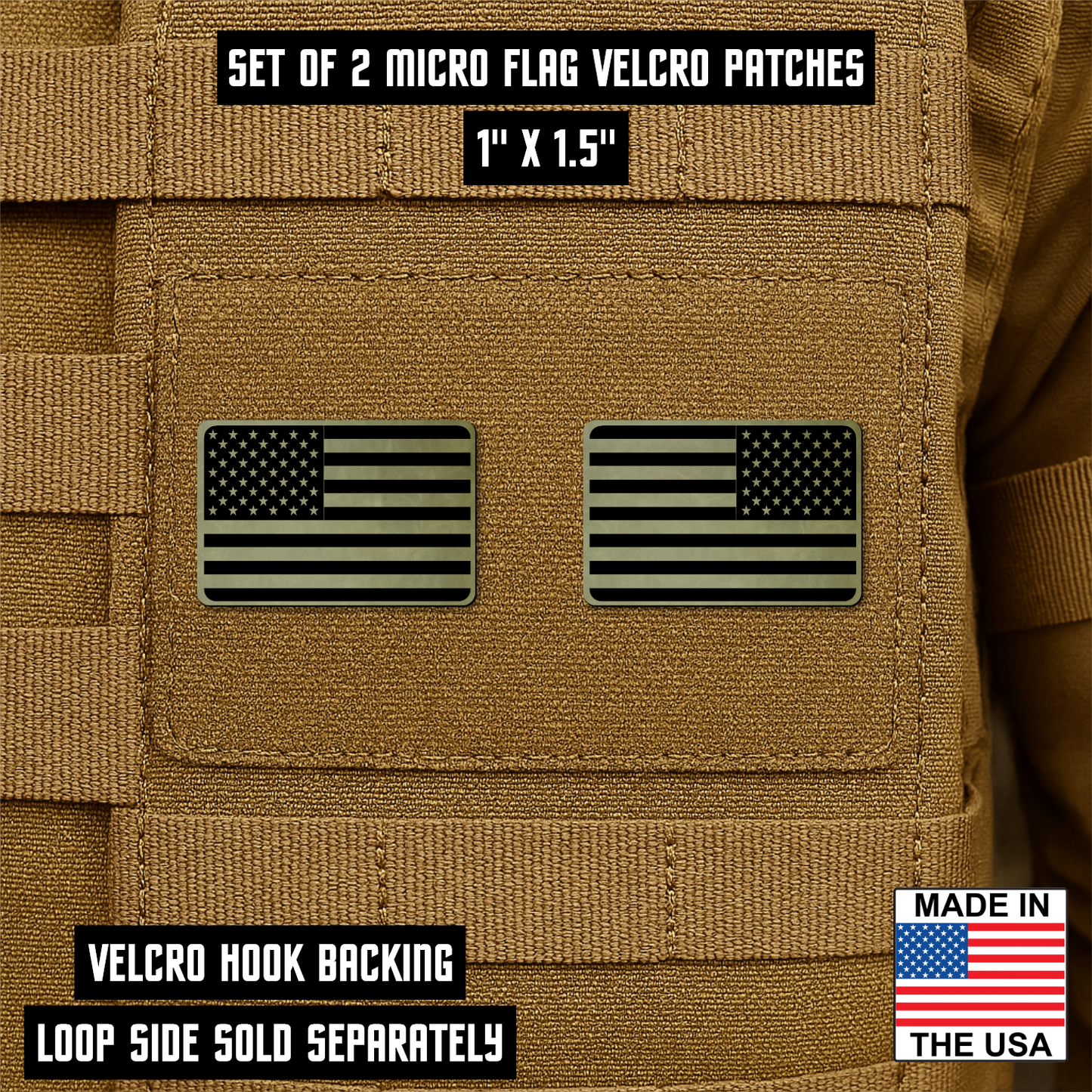 Mini American Flag Tactical Engraved Patch 1"x1.5" Hook & Loop | Set of 2 | Made in USA
