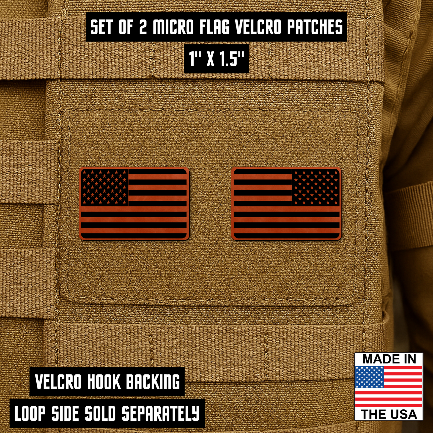 Mini American Flag Tactical Engraved Patch 1"x1.5" Hook & Loop | Set of 2 | Made in USA