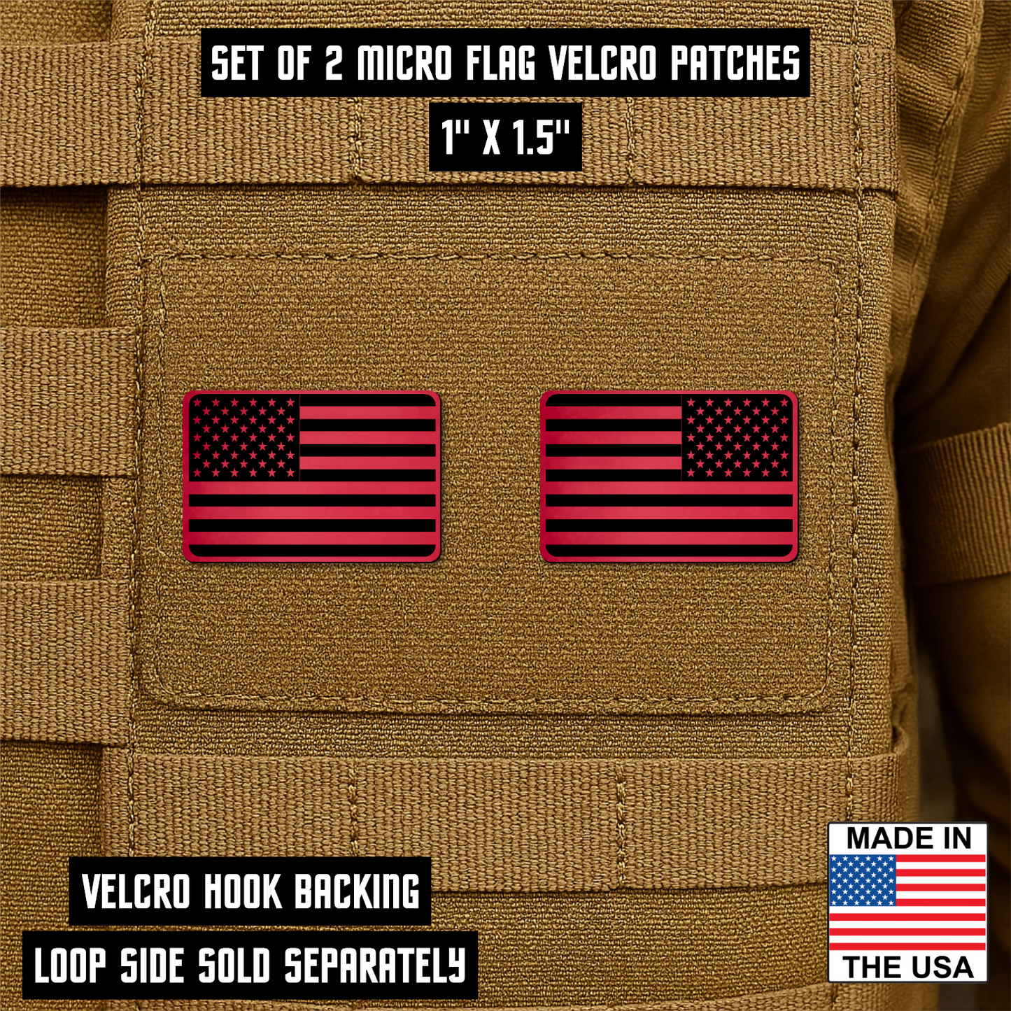 Mini American Flag Tactical Engraved Patch 1"x1.5" Hook & Loop | Set of 2 | Made in USA