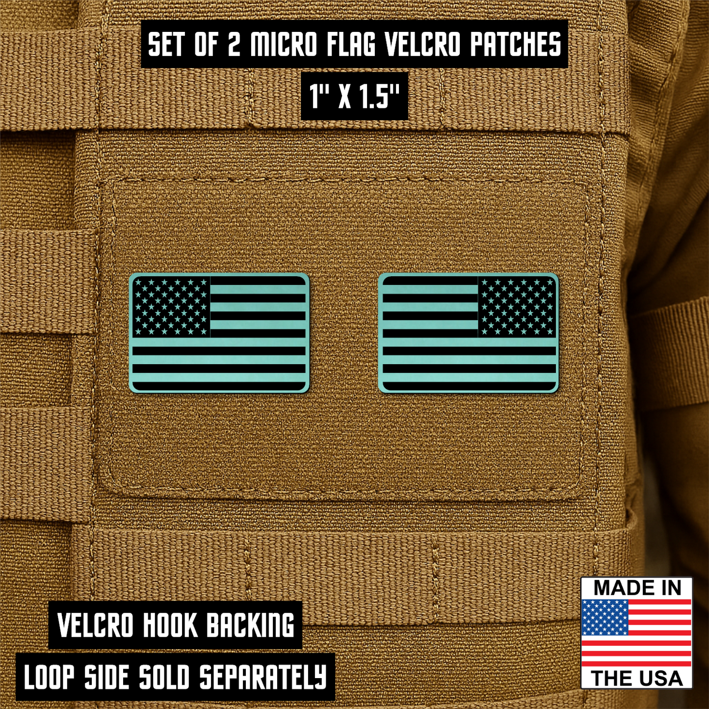 Mini American Flag Tactical Engraved Patch 1"x1.5" Hook & Loop | Set of 2 | Made in USA