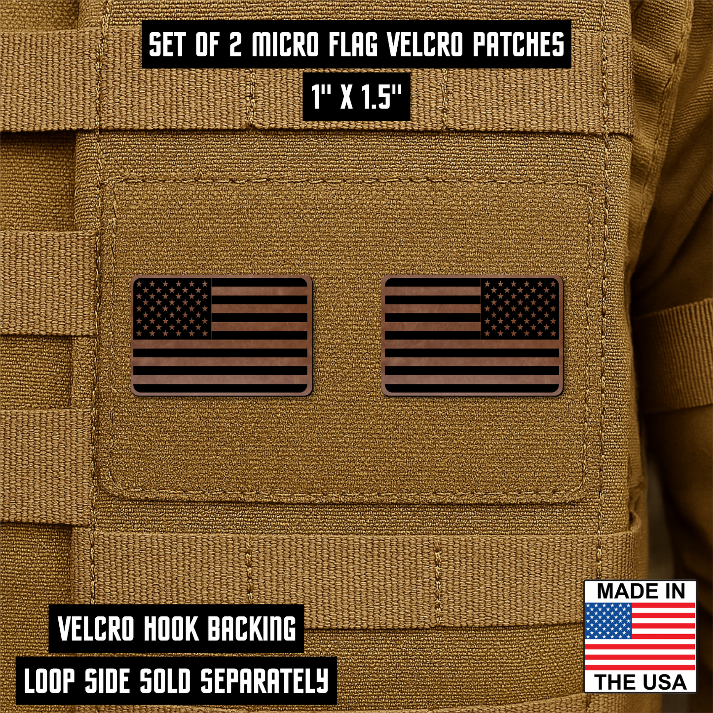 Mini American Flag Tactical Engraved Patch 1"x1.5" Hook & Loop | Set of 2 | Made in USA