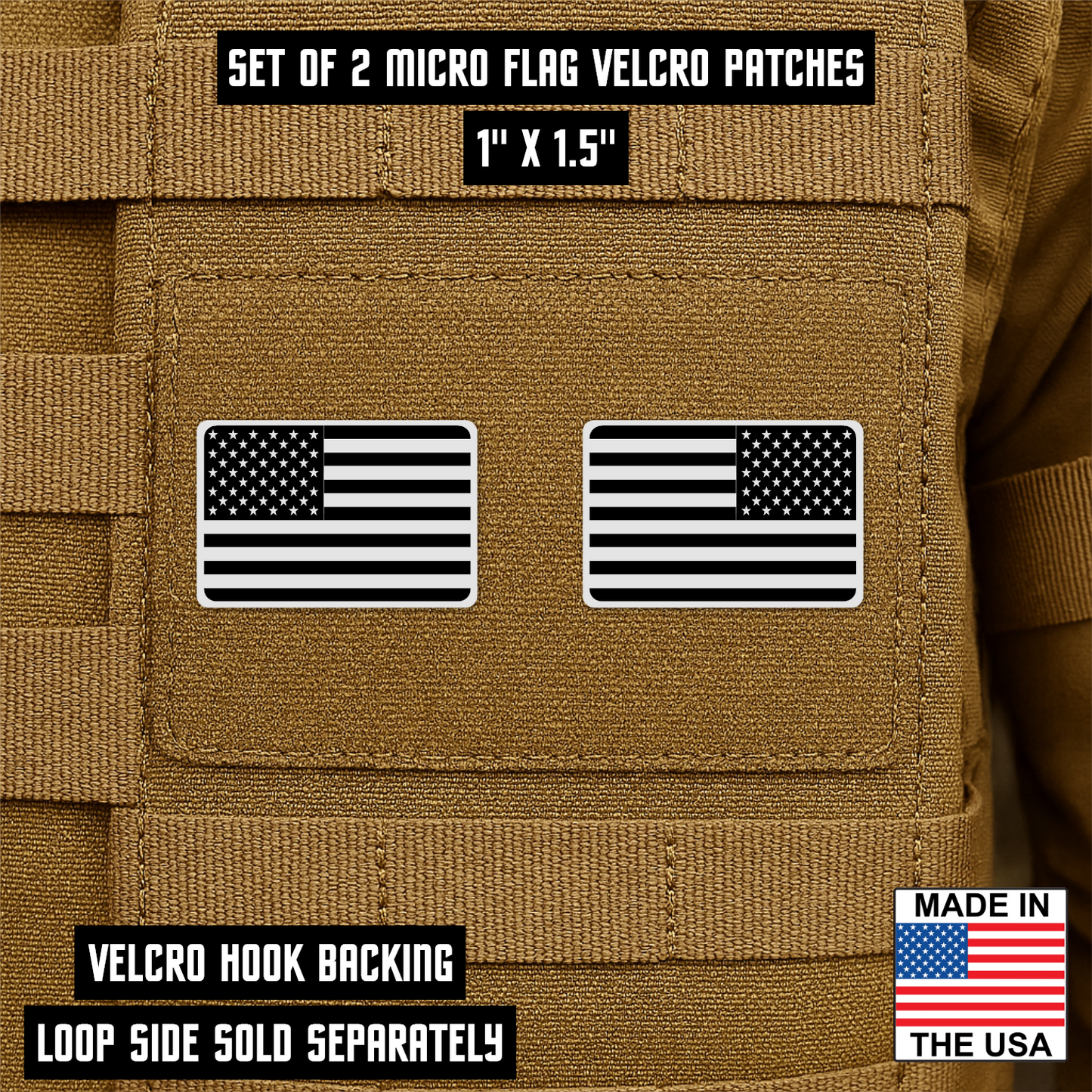Mini American Flag Tactical Engraved Patch 1"x1.5" Hook & Loop | Set of 2 | Made in USA