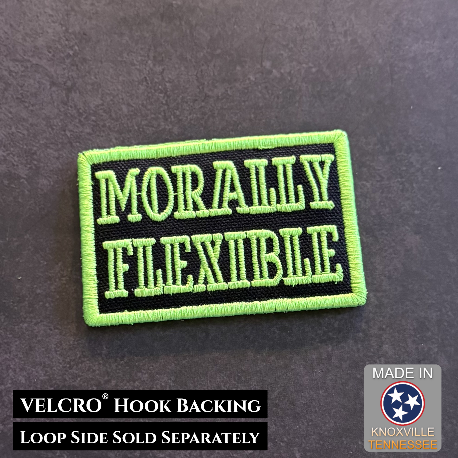 Black and neon green embroidered Morally Flexible morale patch with VELCRO hook backing