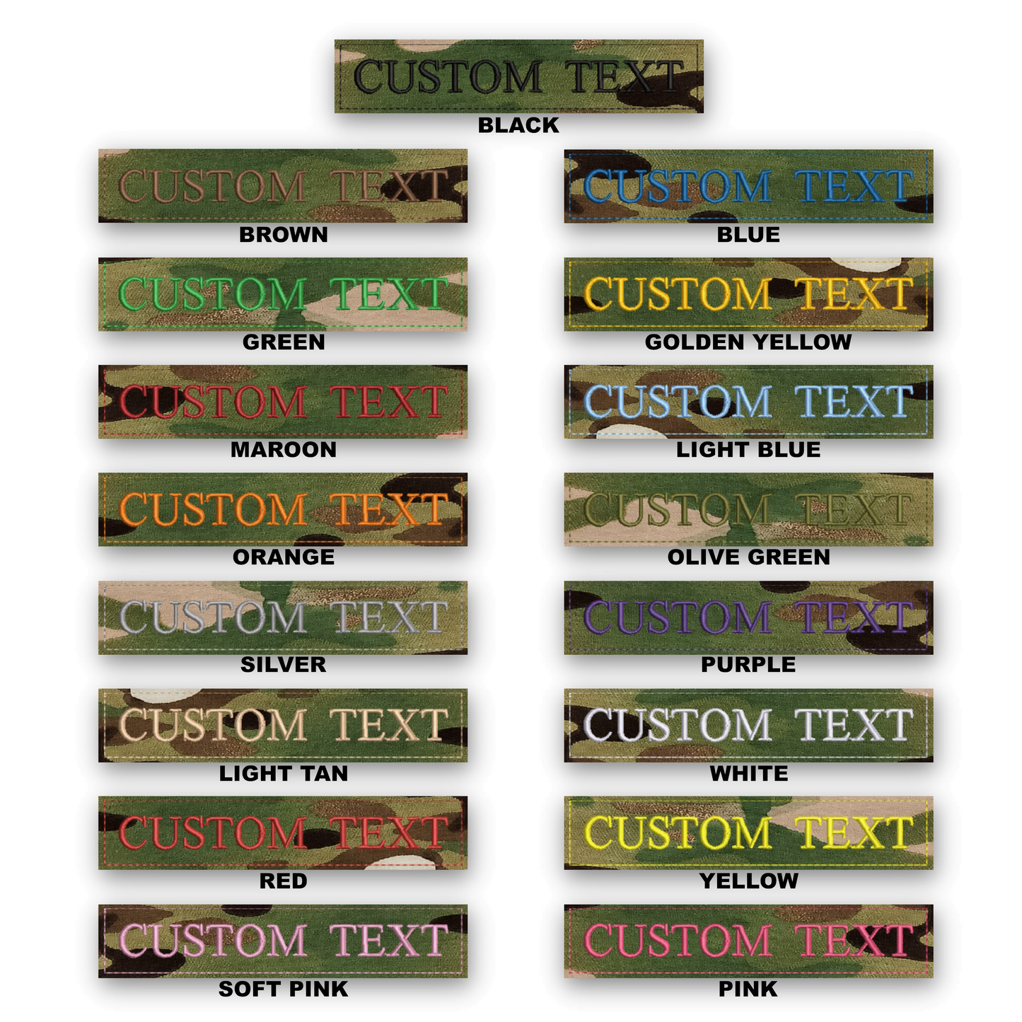 A color options chart showing multiple rectangular camouflage-style text labels with the words 'CUSTOM TEXT' in different colors and labels beneath each option, including Black, Brown, Green, Maroon, Orange, Silver, Purple, Light Blue, Golden Yellow, Olive Green, White, Red, Yellow, and Soft Pink.