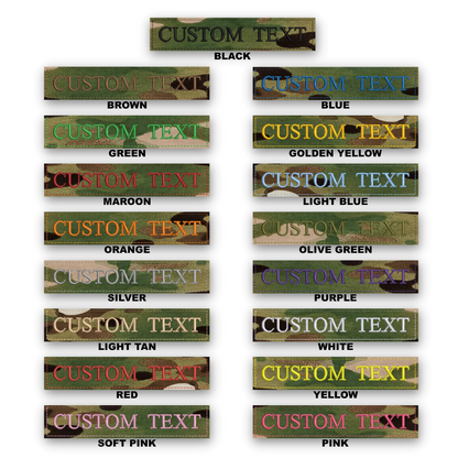 A color options chart showing multiple rectangular camouflage-style text labels with the words 'CUSTOM TEXT' in different colors and labels beneath each option, including Black, Brown, Green, Maroon, Orange, Silver, Purple, Light Blue, Golden Yellow, Olive Green, White, Red, Yellow, and Soft Pink.