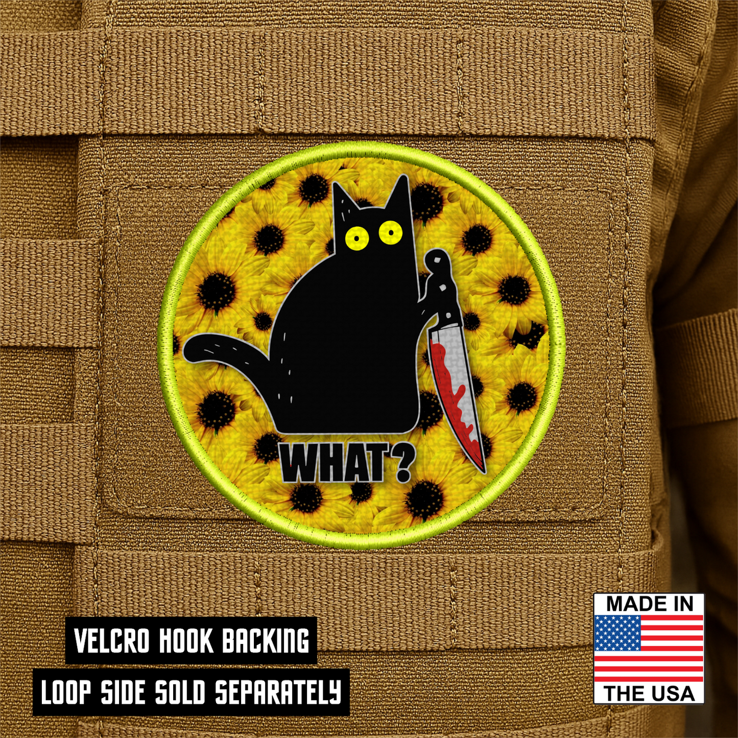 Murder Cat & Sunflowers Funny Morale Patch 3" Round Hook & Loop | Made in USA