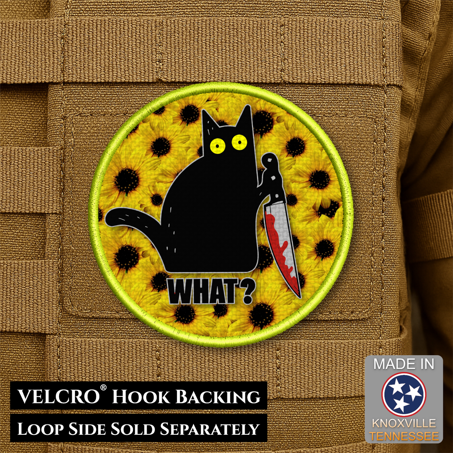 Patch with a black cat holding a knife on a yellow background, featuring text and a VELCRO hook backing label.