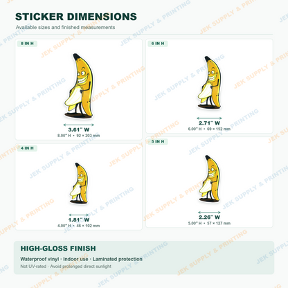 Naughty Banana sticker size comparison, 4, 5, 6, 8 inch height options