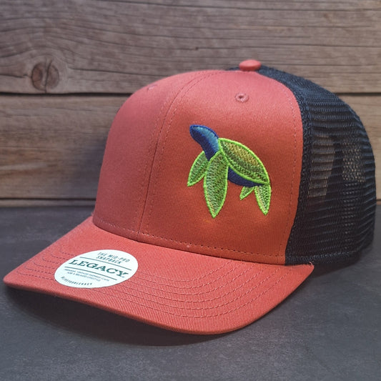 Red and black cap with a turtle design on a wooden surface