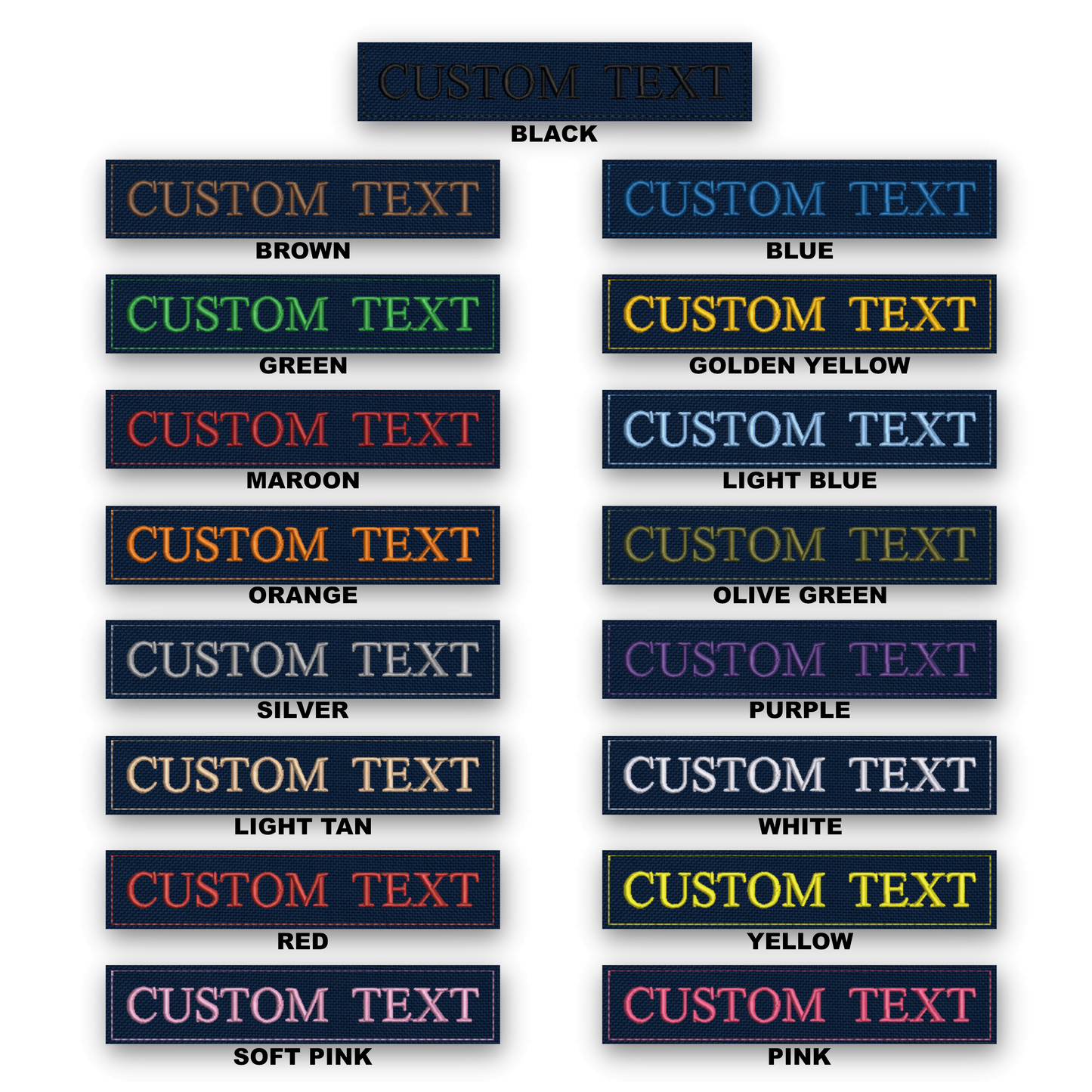 A color-options chart showing multiple rectangular custom text patches arranged in two columns on a white background. Each patch has a dark navy border and contains the words 'CUSTOM TEXT' in different colors, with labels underneath including black, brown, green, maroon, orange, light blue, olive green, silver, purple, white, yellow, and pink.