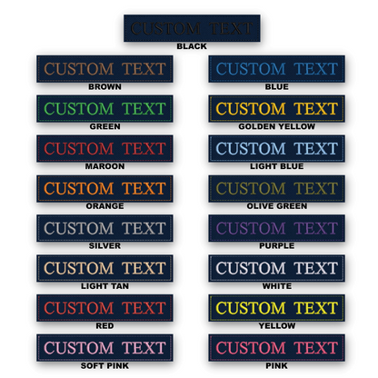 A color-options chart showing multiple rectangular custom text patches arranged in two columns on a white background. Each patch has a dark navy border and contains the words 'CUSTOM TEXT' in different colors, with labels underneath including black, brown, green, maroon, orange, light blue, olive green, silver, purple, white, yellow, and pink.
