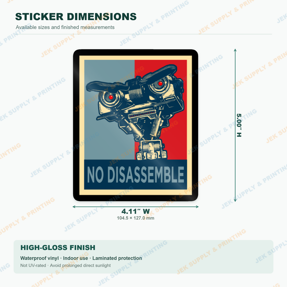 No Disassemble blue and red retro robot sticker: 5 inch size diagram with width and height measurements
