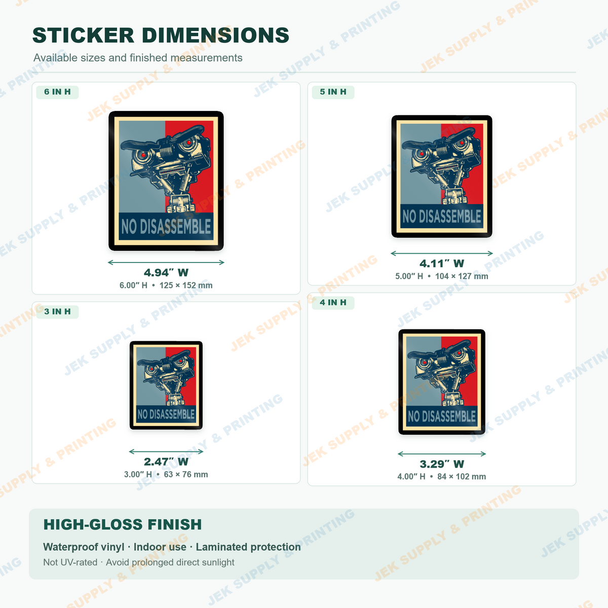 No Disassemble blue and red retro robot sticker dimension chart comparing 3, 4, 5 and 6 inch sizes