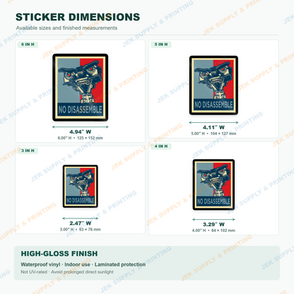No Disassemble blue and red retro robot sticker dimension chart comparing 3, 4, 5 and 6 inch sizes