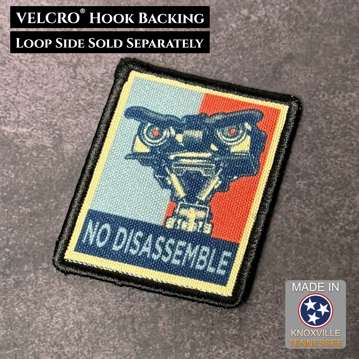 Retro No Disassemble morale patch featuring vintage Johnny 5 robot artwork and distressed colors with genuine VELCRO® hook backing.