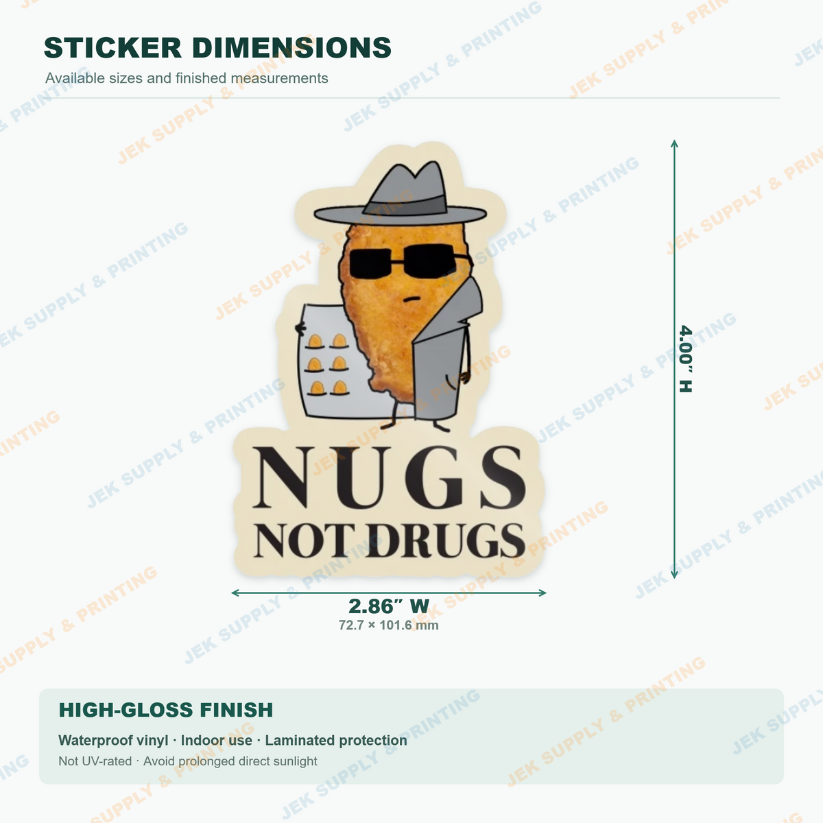 Nugs Not Drugs cartoon chicken nugget sticker: 4 inch size diagram with width and height measurements