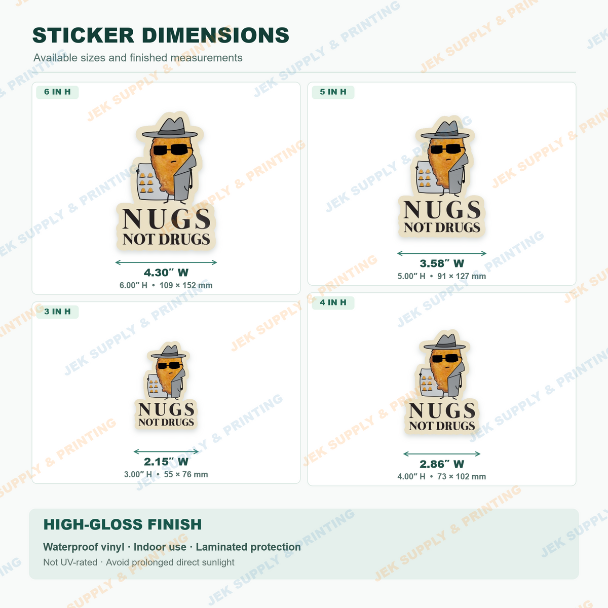 Nugs Not Drugs cartoon chicken nugget sticker dimension chart comparing 3, 4, 5 and 6 inch sizes