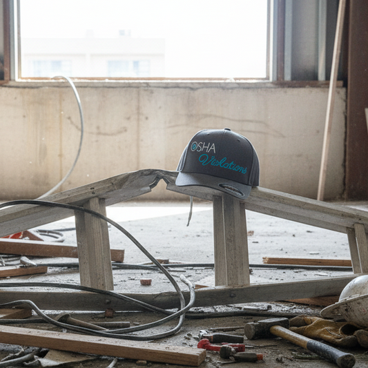 Construction site with tools and a cap on a wooden beam