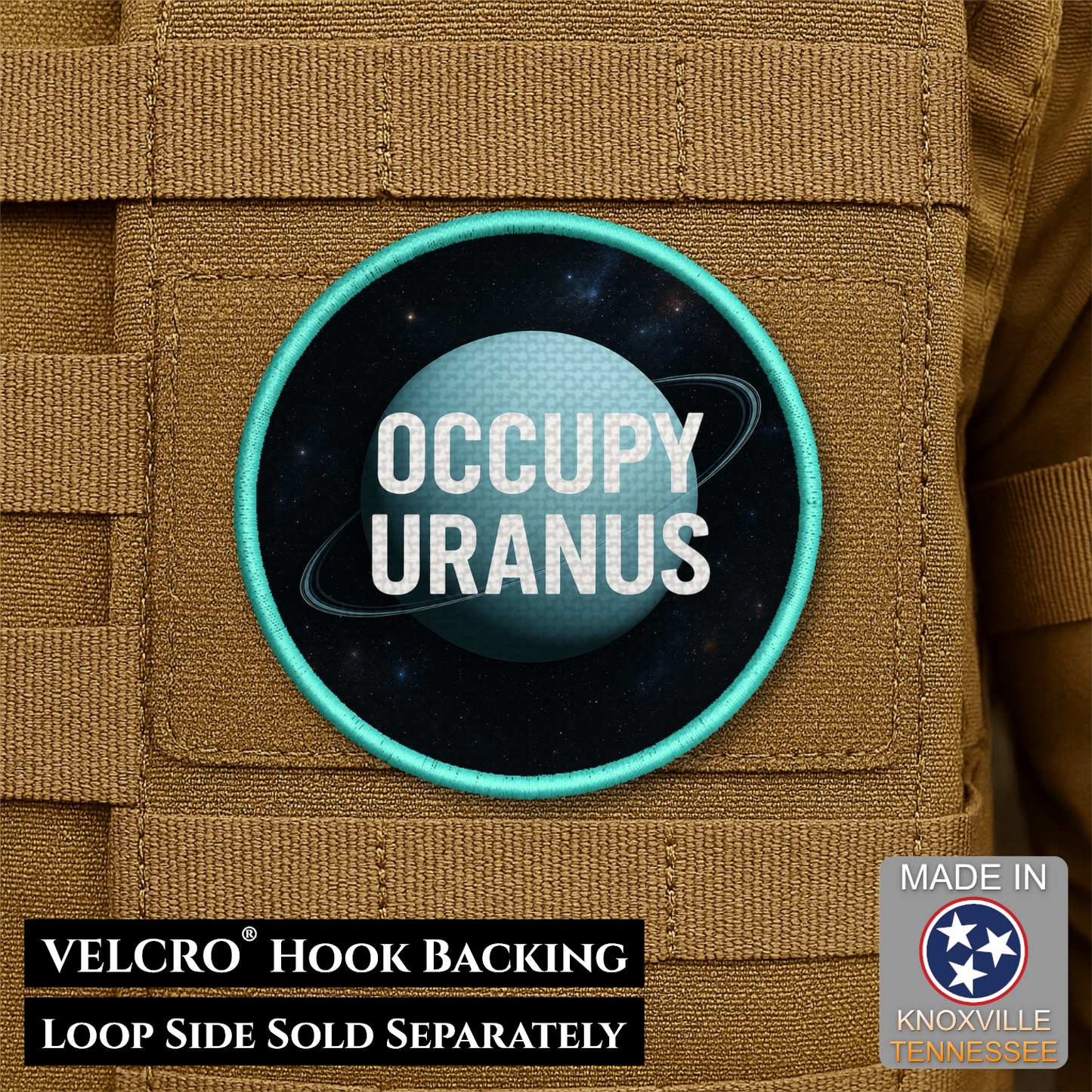 Occupy Uranus Funny Gas Giant Morale Patch, 3" Round | Made in USA | VELCRO® Brand Hook Backing