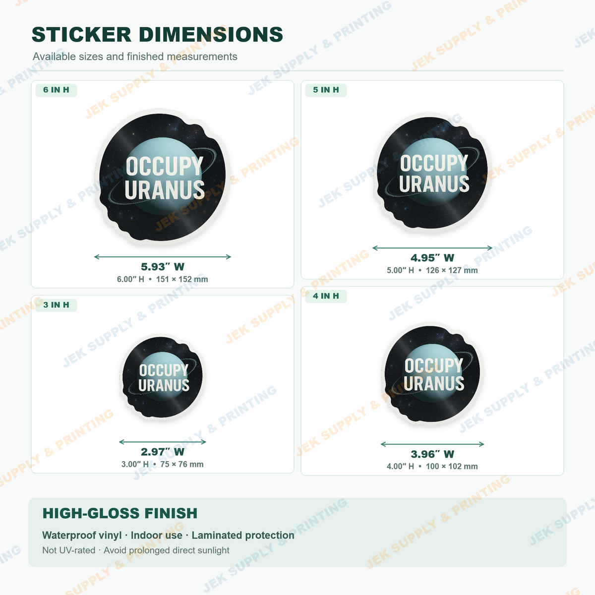 Occupy Uranus funny blue ringed planet and white lettering, sticker size chart for 3, 4, 5 and 6 inch height options