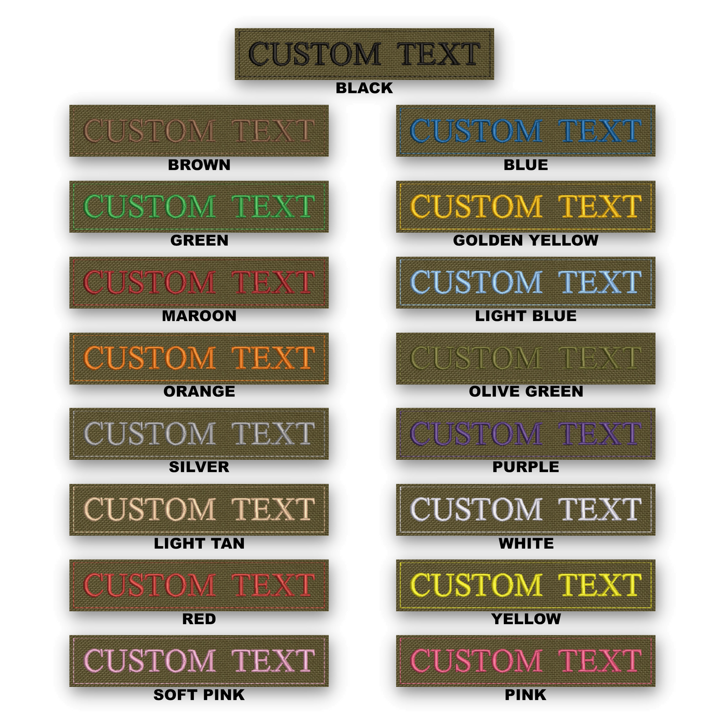 A color options chart showing rectangular patches with customizable text, arranged in a grid on a white background. The top patch is labeled 'CUSTOM TEXT' and is black.