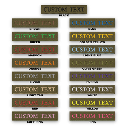 A color options chart showing rectangular patches with customizable text, arranged in a grid on a white background. The top patch is labeled 'CUSTOM TEXT' and is black.