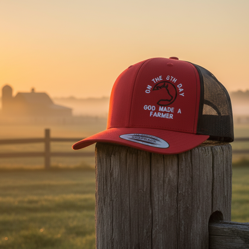 Red and black cap with text on a wooden post during a sunrise over a field.