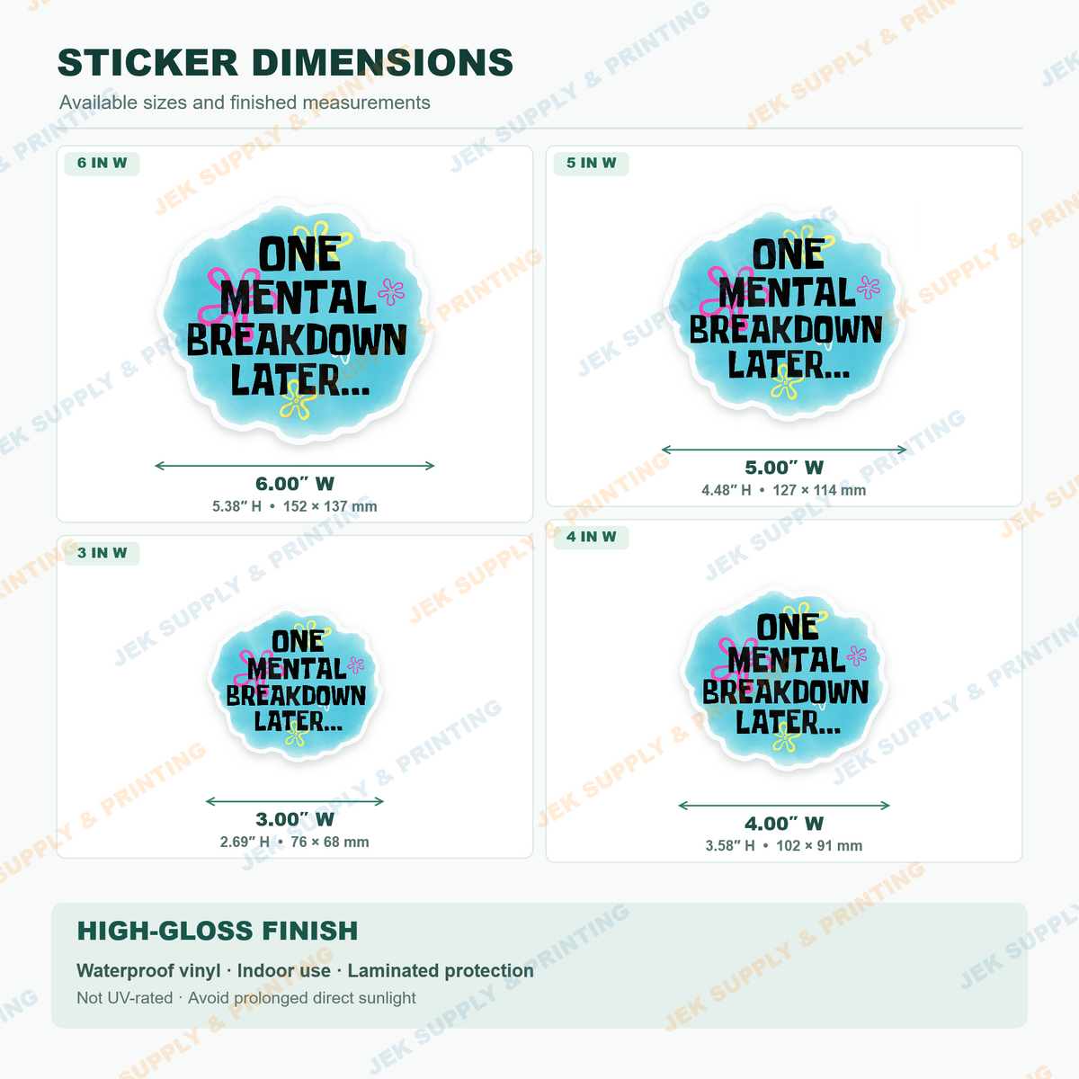One Mental Breakdown Later funny aqua blue floral meme time card sticker size comparison showing 3, 4, 5 and 6 inch widths