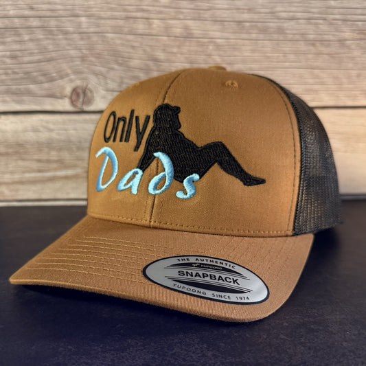 Brown cap with 'Only Dads' text and graphic on a wooden surface
