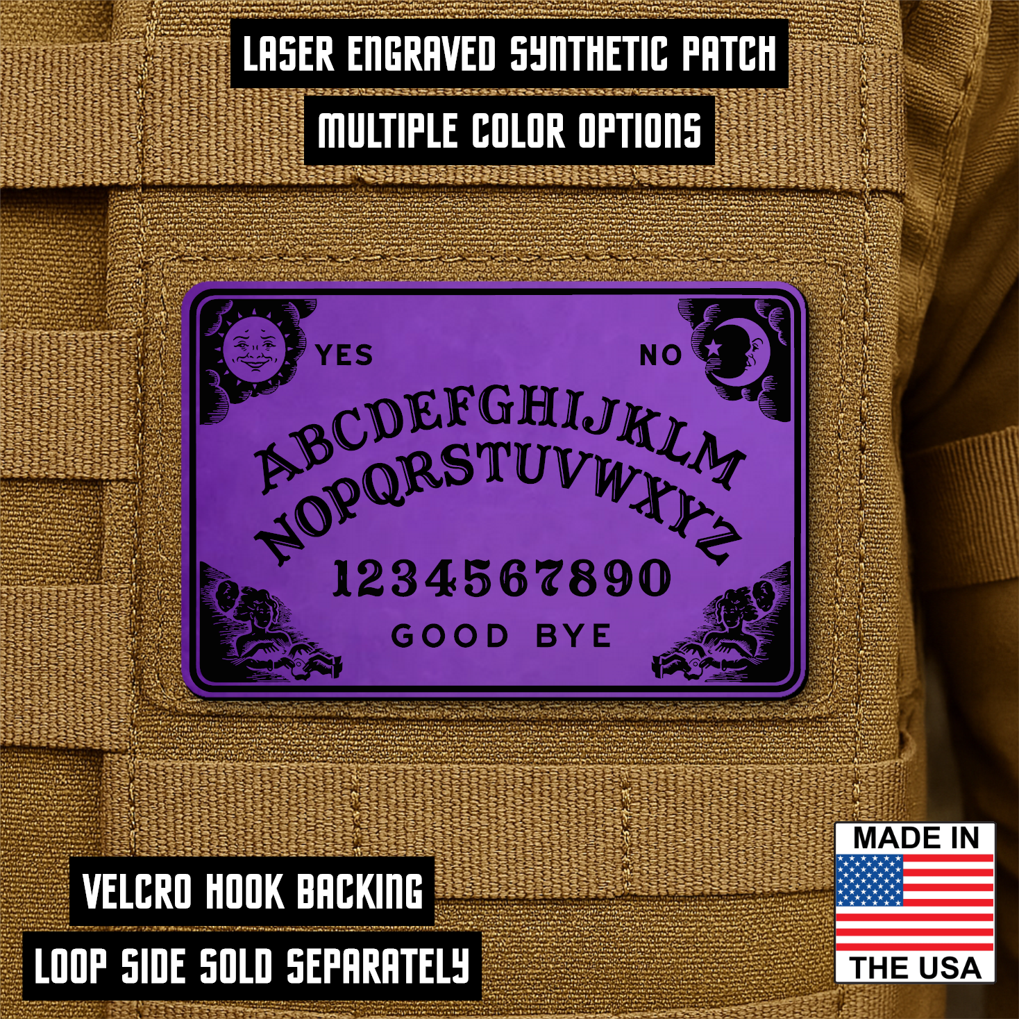 Purple laser engraved Ouija Board horror morale patch with hook backing attached to tactical vest